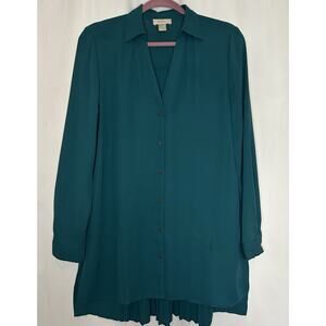 Loft Women’s Medium Dark Teal Long Sleeve‎ Pleated Back Button Up Flowy Chiffon